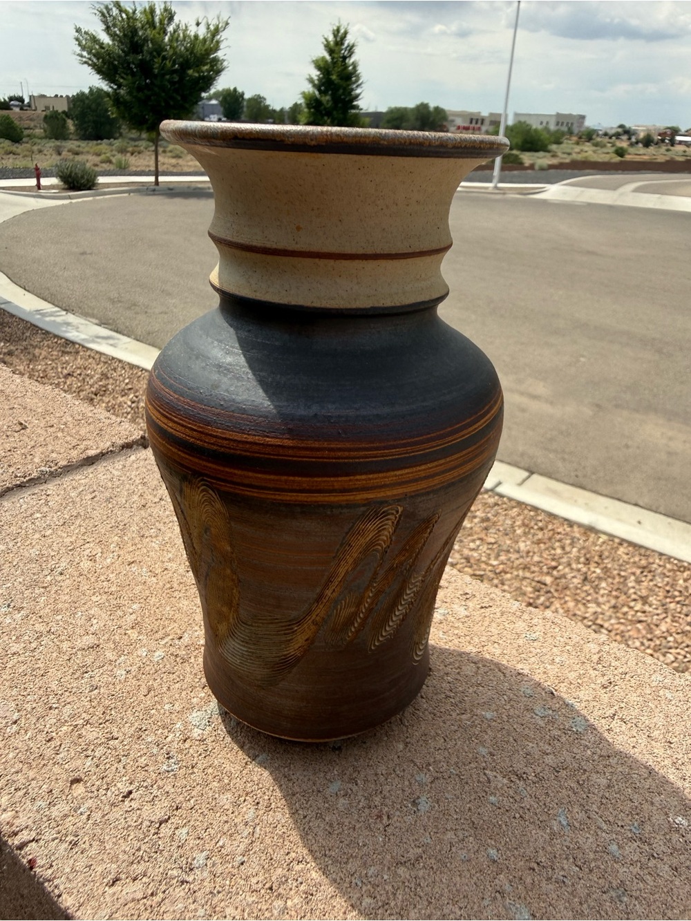 Signed “Maia” Studio Art Pottery Vase 8” Stoneware Combed Feather Design